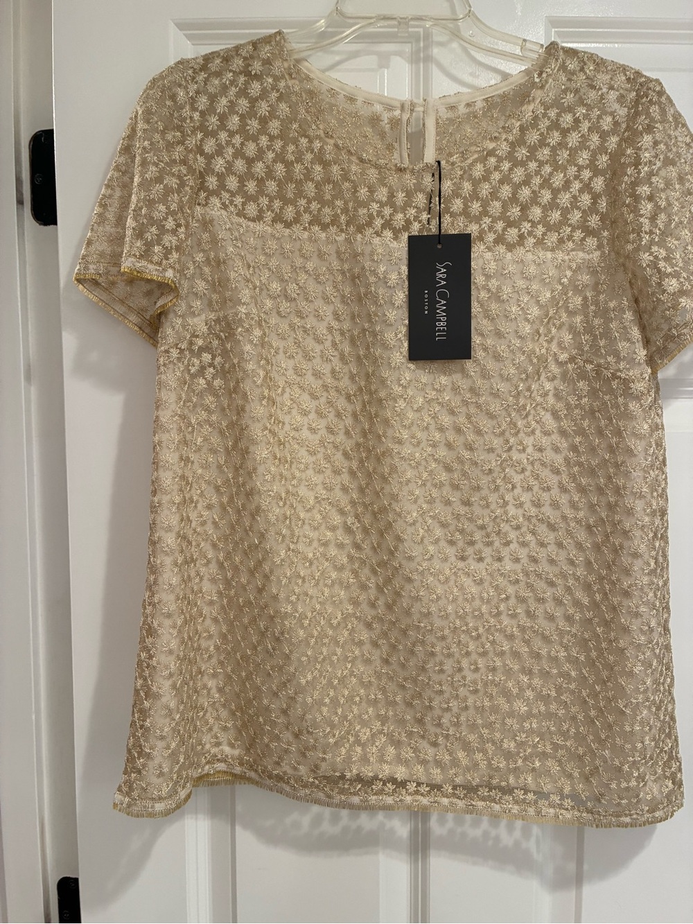 Sara Campbell Champagne Short Sleeve Embroidered Top